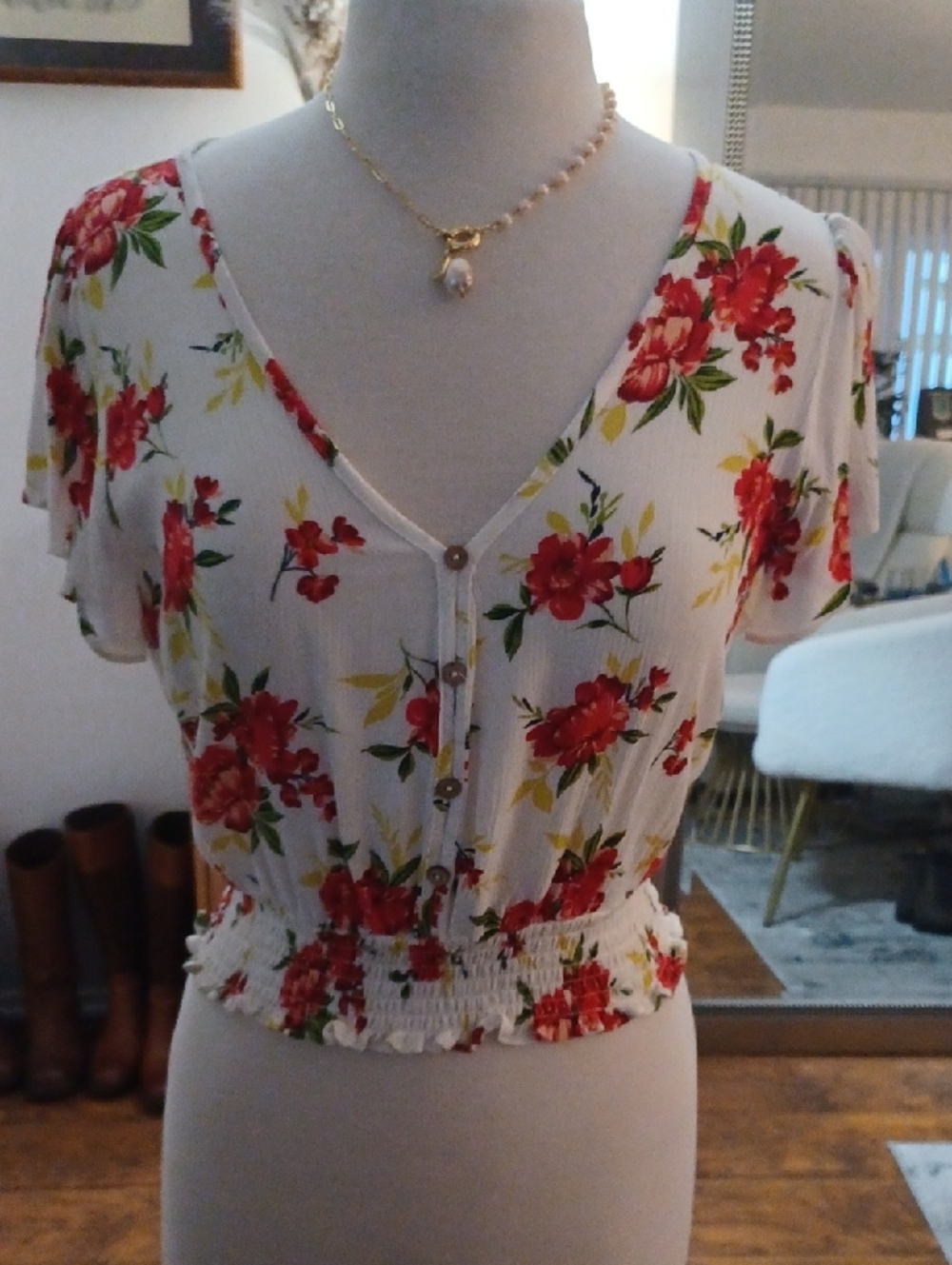 Ambiance White Crop Top with Red Floral Print